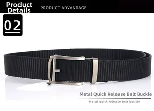 Close-up of black nylon canvas belt with a matte silver metal automatic buckle