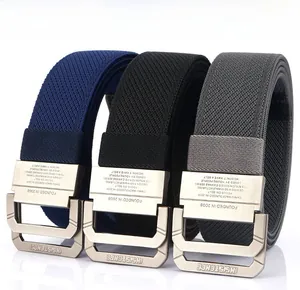 Close-up of navy, black, and gray nylon belts with textured alloy buckle and matte finish