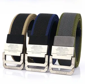 Detailed close-up of double-ring zinc alloy buckles and textured nylon elastic belt straps