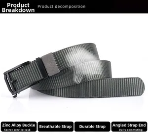Close-up of dark grey nylon canvas belt with a black zinc alloy automatic buckle