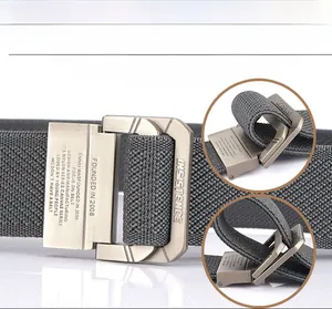 Macro detail of grey nylon belt with vintage brushed double D-ring metal buckle
