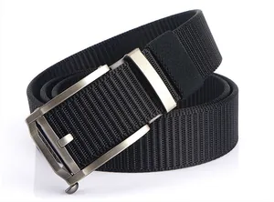 Detail view of black nylon tactical belt with brushed metal automatic buckle