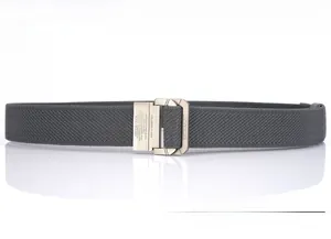 Detail of grey nylon web belt featuring a silver quick-release metal buckle with engravings