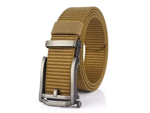 Macro detail of the durable nylon woven strap and matte alloy automatic buckle