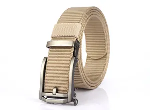 Detail of khaki nylon belt with heavy-duty weave texture and automatic metal buckle