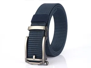 Detailed view of dark blue nylon belt featuring a matte silver automatic metal buckle