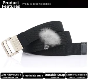 Detail of black nylon tactical belt featuring zinc alloy buckle and reinforced leather tip