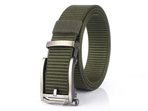 Macro detail of military green nylon tactical belt with matte grey automatic metal buckle