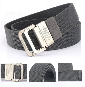 Detail of dark grey woven nylon belt featuring double D-ring metal buckle and texture