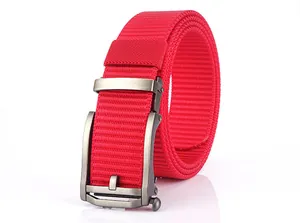 Close-up of red nylon tactical belt with a matte gunmetal automatic sliding buckle