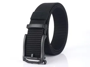 Detail of black nylon woven tactical belt with matte metal automatic buckle and texture