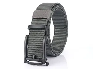 Detail view of woven tactical belt with matte black buckle and textured nylon fabric