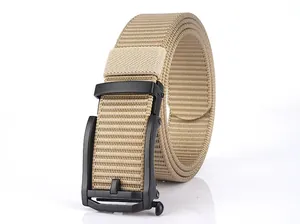 Detail of khaki nylon web belt with black matte metal automatic buckle on white background