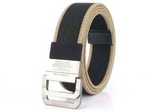 Detail of matte metal double D-ring buckle with engraved logo on nylon woven belt