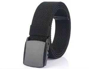 Detail of black elastic woven belt with durable matte plastic YKK buckle on white background