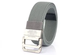 Detail of grey woven nylon belt featuring a matte double ring buckle with engraved text