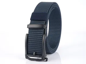 Detail of navy blue nylon tactical belt with matte black automatic metal buckle