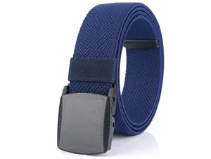 Detail of navy blue woven elastic belt featuring a matte black plastic buckle and fiber texture