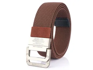 Close-up of brown stretch belt with silver double-ring buckle and nylon woven texture