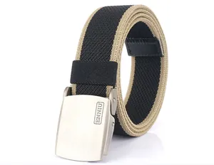 Detailed close-up of heavy-duty nylon web belt with brushed metal buckle and buckle engraving