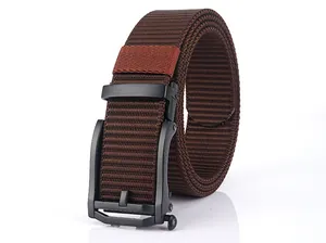 Close-up of durable brown nylon canvas tactical belt with black matte automatic metal buckle