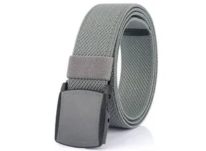 Detail of grey braided elastic belt with a matte black YKK plastic buckle on white background