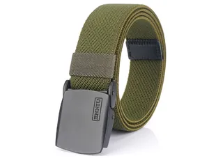 Macro detail of Army Green tactical elastic belt with black matte ENNIU buckle
