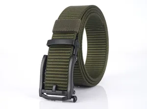 Close-up of military green tactical nylon belt with matte black metal automatic buckle