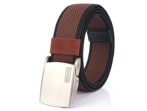 Macro detail of brown and black elastic woven belt with brushed metal flat buckle