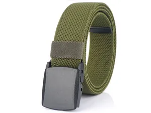 Close-up of army green braided elastic tactical belt with matte black YKK buckle