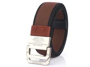 Detail of metal double ring buckle with engraved text on brown woven nylon belt