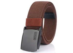Detail of the brown nylon elastic tactical belt showing matte black buckle and weave texture