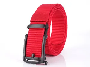 Close-up of red woven nylon belt with a matte black automatic buckle for outdoor casual wear