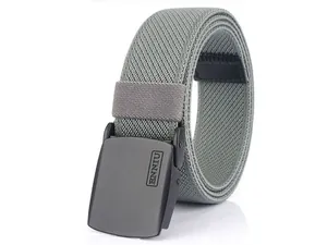 Detail shot of grey elastic nylon belt with matte black automatic buckle and Enniu logo