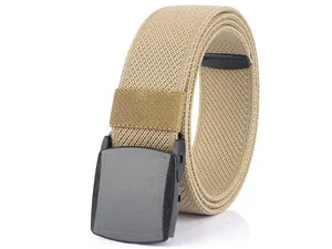 Macro detail of khaki woven stretch belt with a matte black YKK plastic buckle