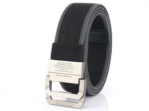 Detail of grey nylon woven belt with a matte metal double-ring buckle and engraved text