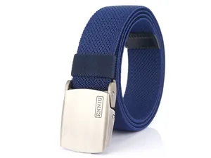 Detail of navy blue nylon woven belt with matte silver buckle and twill texture finish
