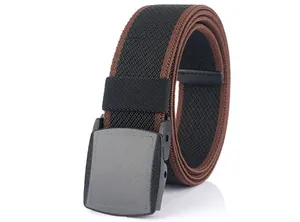 Detailed macro view of black and brown elastic woven belt with matte flat buckle