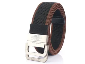 Detail of matte metal double D-ring buckle on two-tone woven elastic nylon belt
