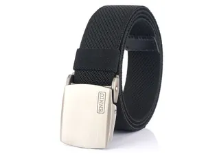 Close-up of black nylon canvas belt with matte silver buckle and textured weave detail