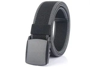 Close-up of the black woven texture and durable YKK plastic buckle on the nylon belt