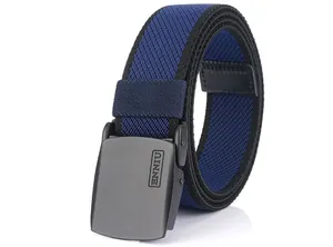 Detail of navy blue elastic woven belt with matte black metal buckle and logo