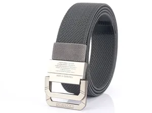 Close-up of grey woven nylon belt featuring a durable double-ring metal buckle