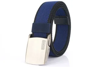 Detailed view of striped nylon belt texture with matte metal buckle and logo
