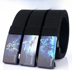 Three men's tactical nylon belts featuring mecha graphic printed buckles on white surface