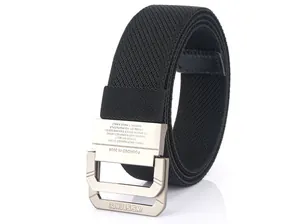 Detailed view of black woven nylon belt with matte silver double ring metal buckle