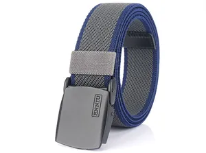 Detail of grey and navy woven elastic tactical belt with ENNIU buckle and leather tip