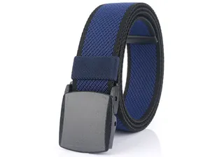 Detailed shot of elastic woven belt with YKK plastic buckle and two-tone textured strap