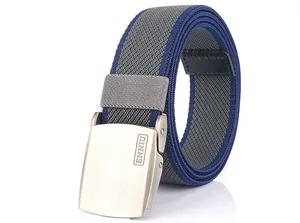 Detail of blue and grey woven nylon belt with brushed silver metal smooth buckle