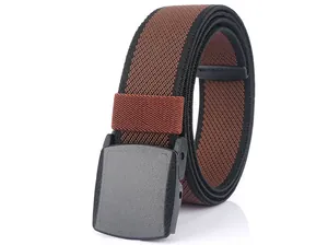 Detail of elastic braided belt with dual-tone weave and matte black YKK buckle